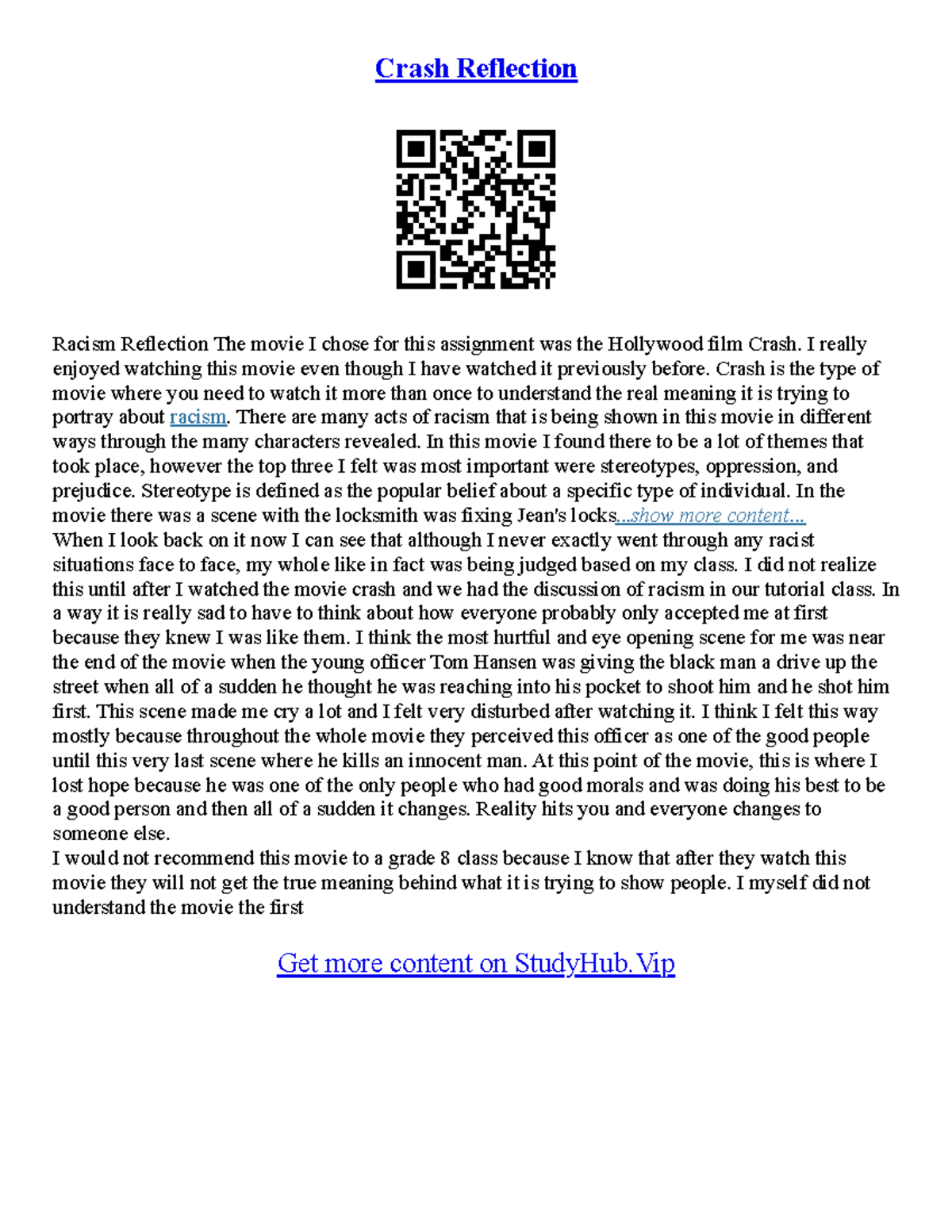 Essay On The Movie Crash - Crash Reflection Racism Reflection The movie ...