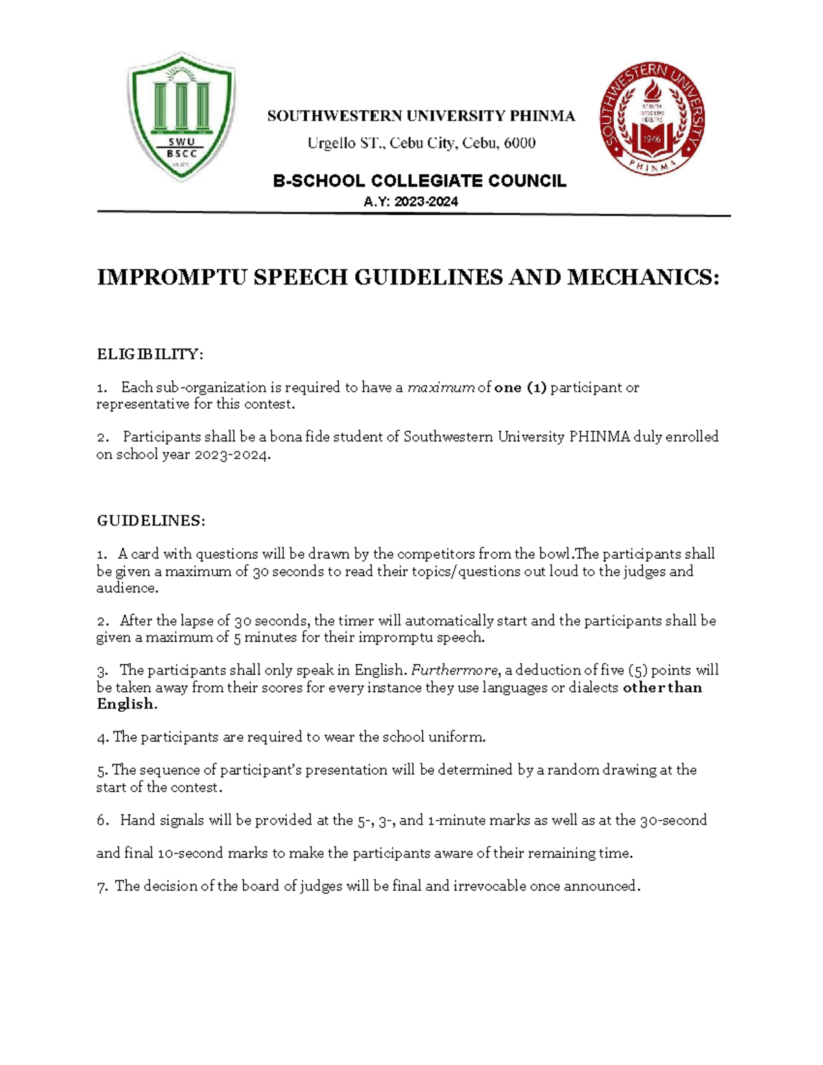 Academic Activity Guidelines AND Mechanics - A: 2023- IMPROMPTU SPEECH ...