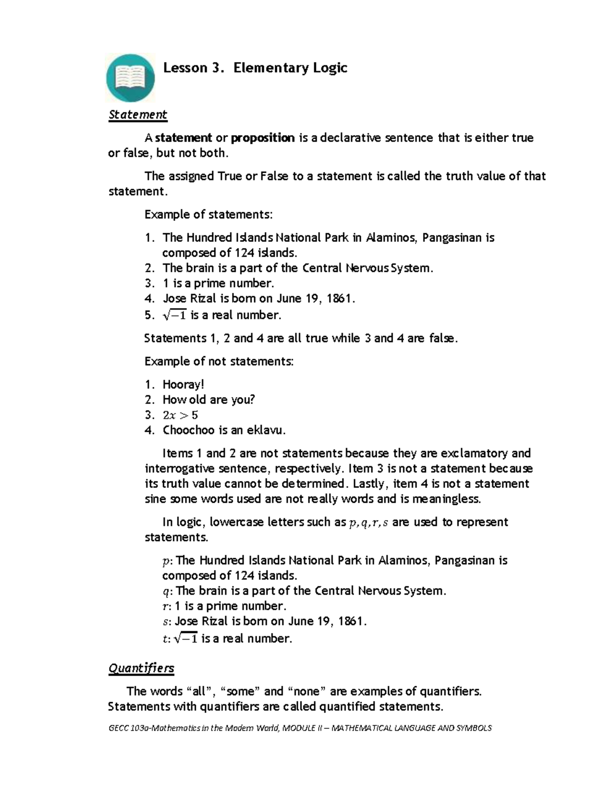 5.-Lesson-3_Elementary-Logic.pdf - Lesson 3. Elementary Logic Statement ...
