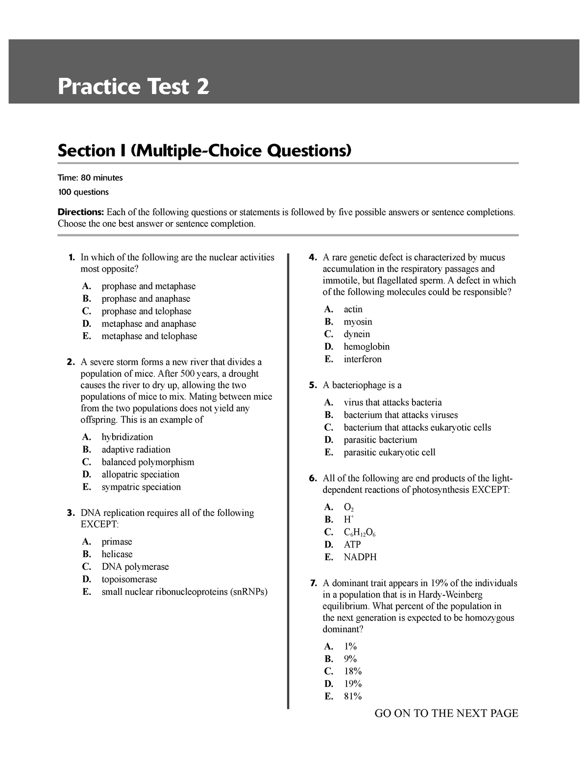 Ap biology exam practice Practice Test 2 Section I (MultipleChoice