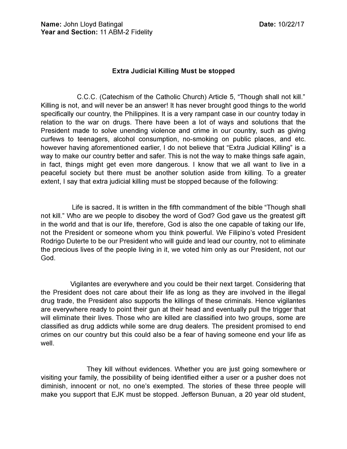 essay about judicial killing