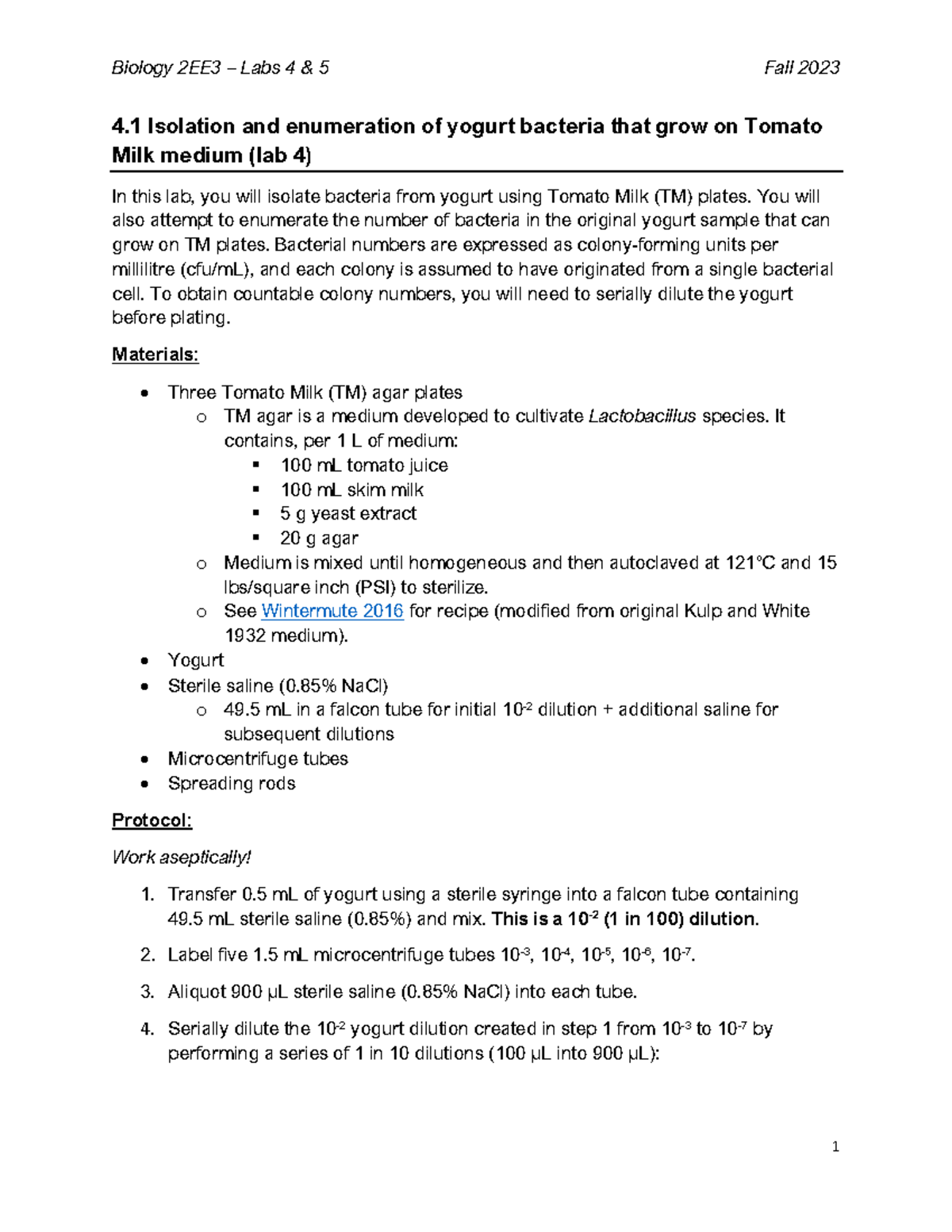 Bio 2EE3 Labs 4 & 5 manual 4 Isolation and enumeration of yogurt