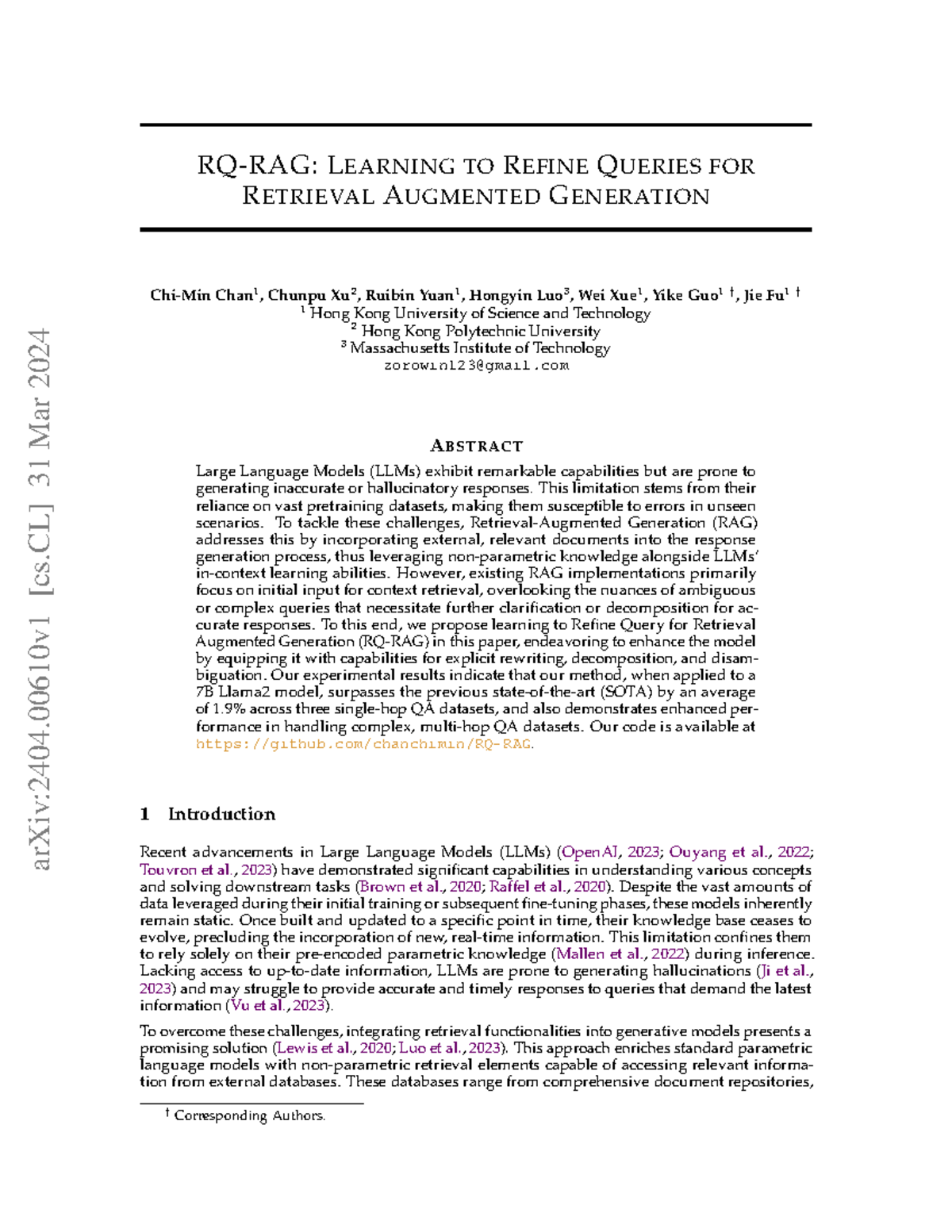 Research paper 1 - bjki - RQ-RAG: LEARNING TO REFINE QUERIES FOR ...