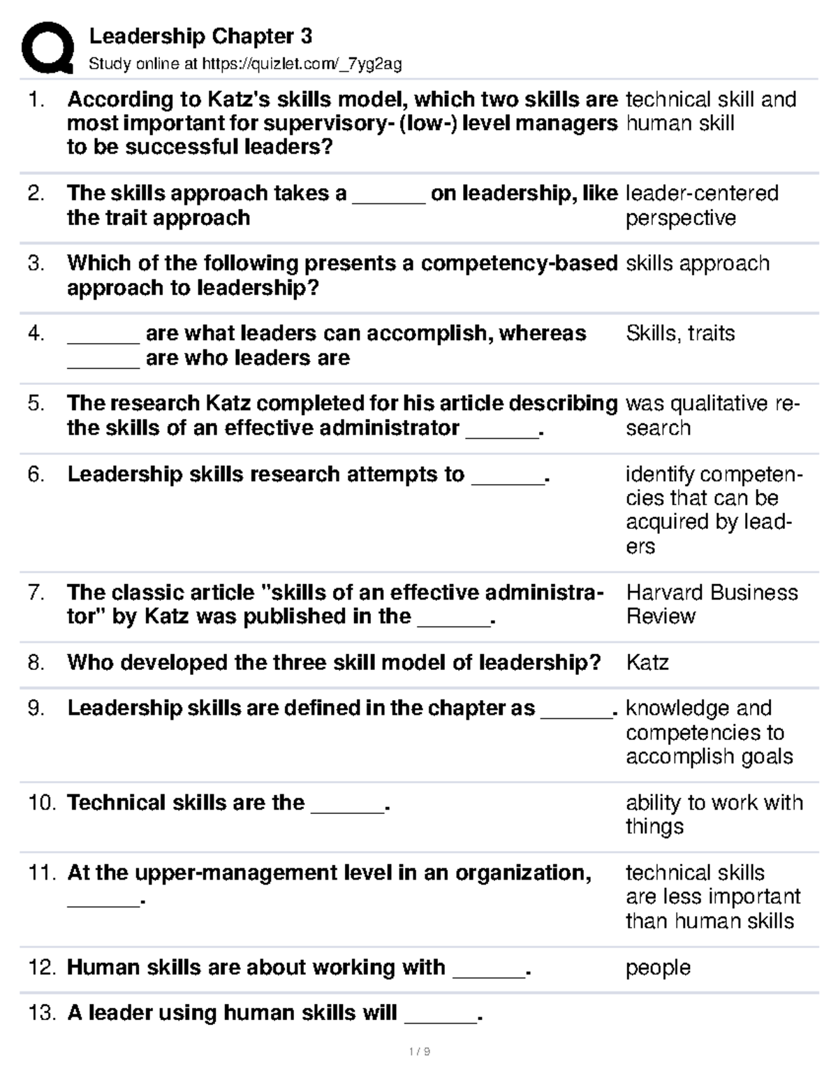 Leadership Chapter 3 Study online at quizlet/_7yg2ag According to Katz's skills model, which