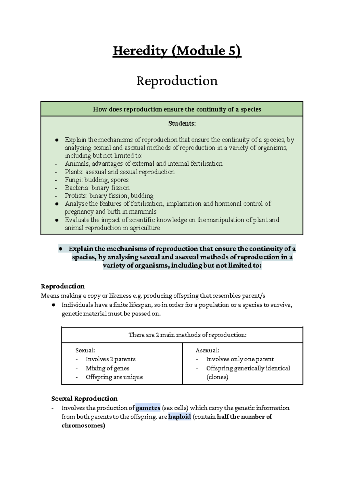 Biology Heredity (MOD5) - Heredity (Module 5) Reproduction How does ...