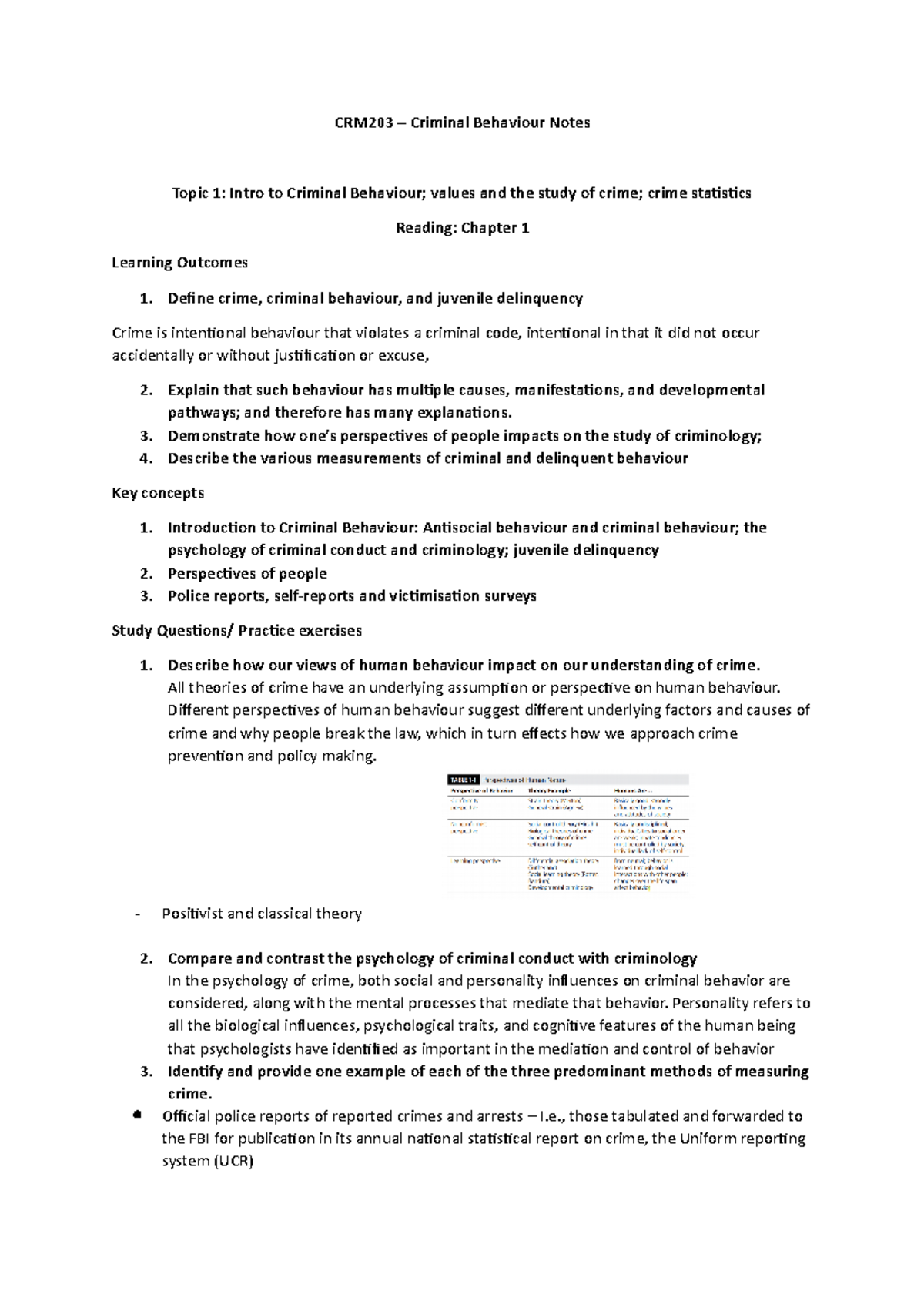 Lecture Notes CRM302 - CRM203 – Criminal Behaviour Notes Topic 1: Intro ...