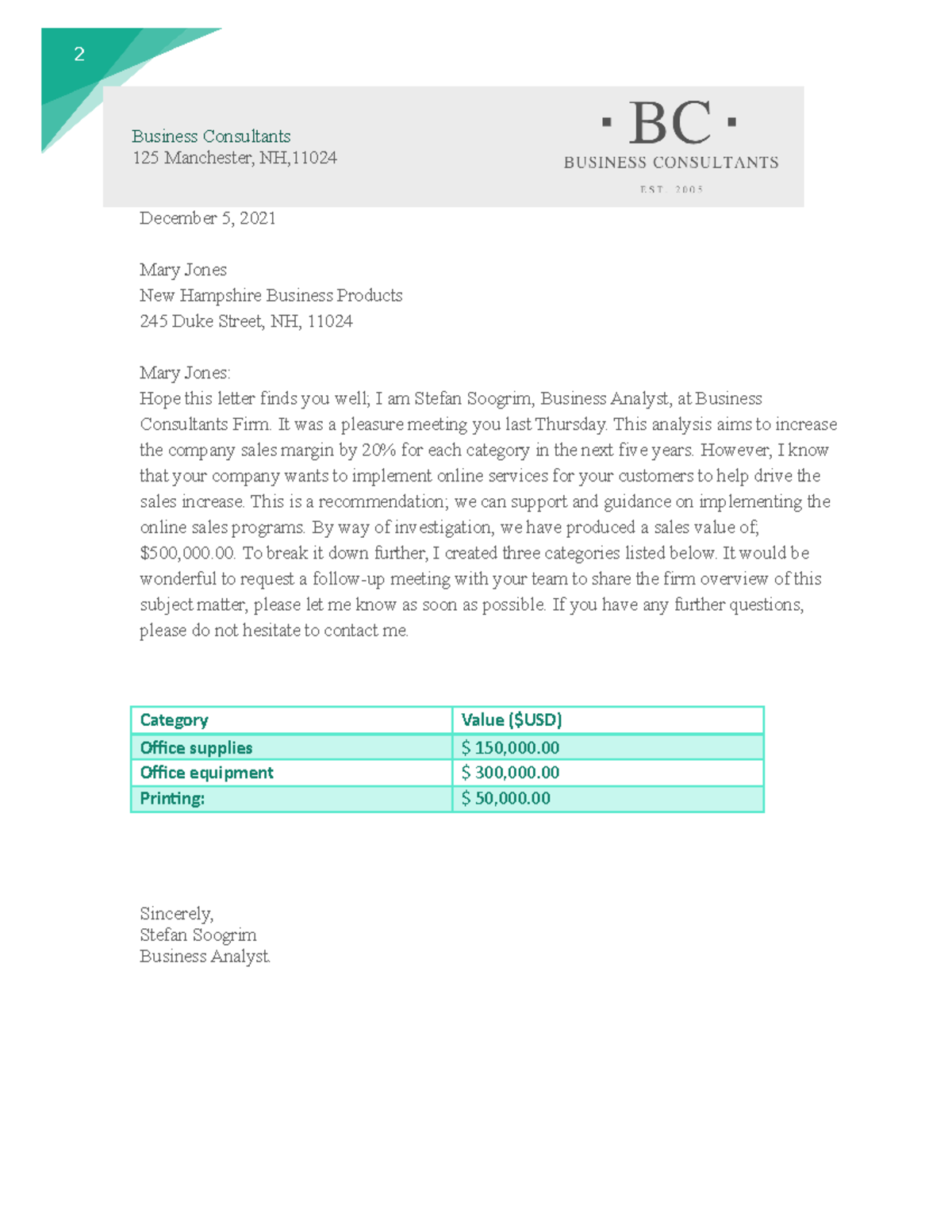 Business letter example for first assignment - 2 Business Consultants ...