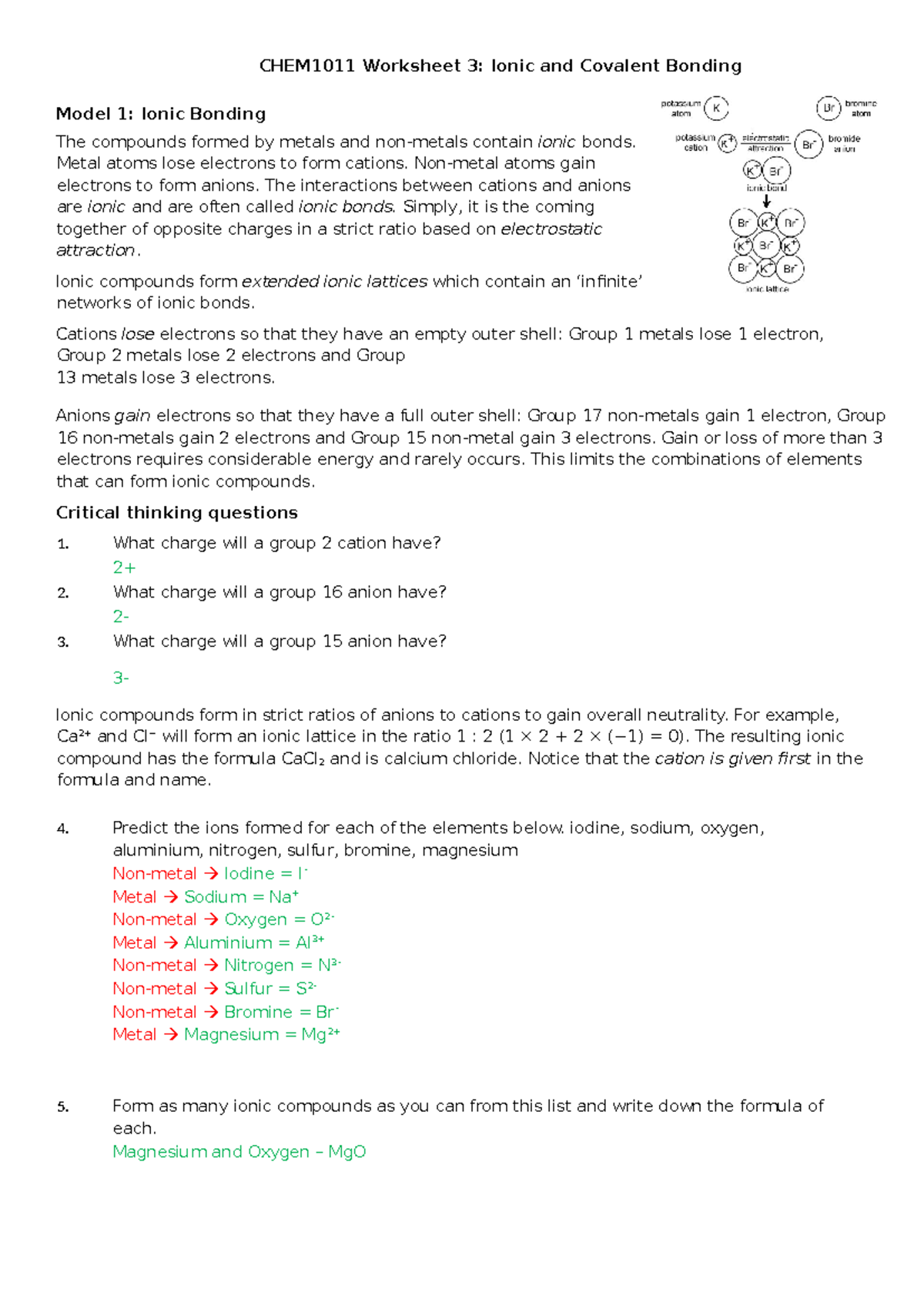 Tutorial 03 - CHEM1011 Worksheet 3: Ionic and Covalent Bonding Model 1 ...