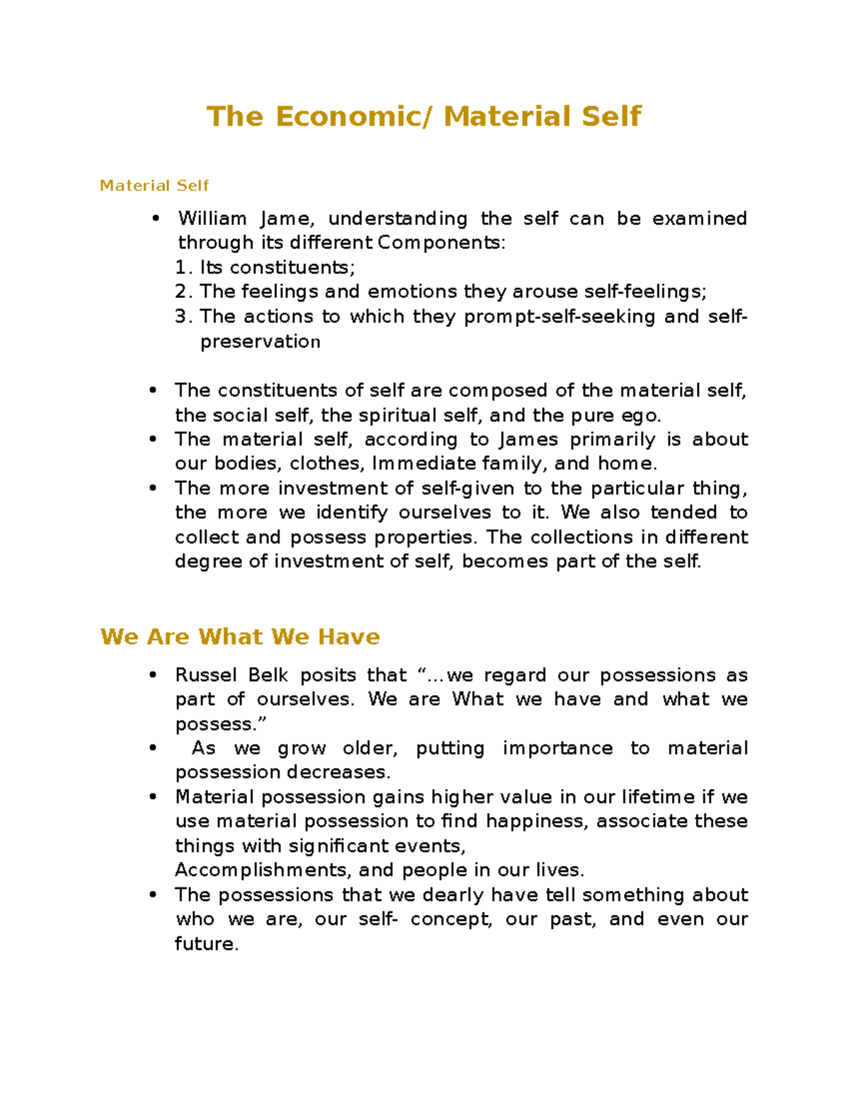 The Economic Material Self The Economic/ Material Self Material Self