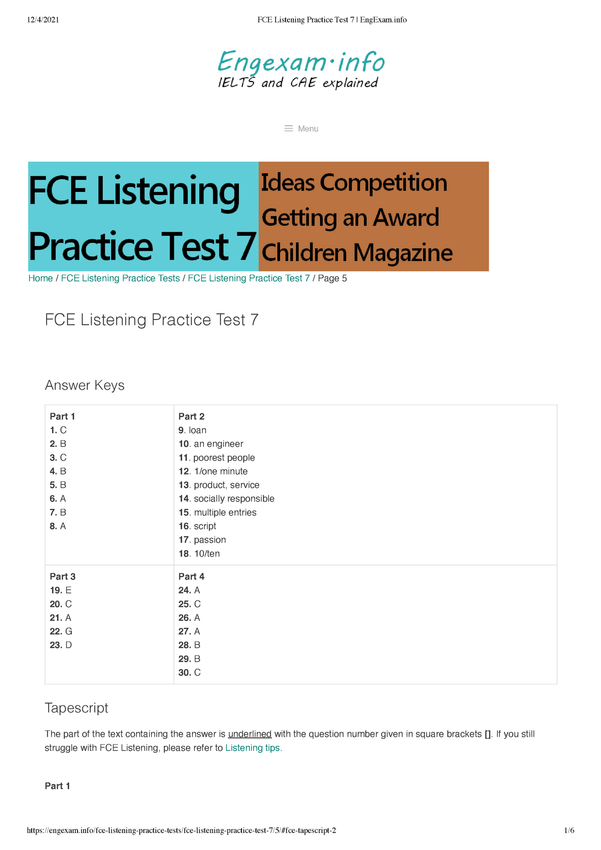 The Ideas Competition Key And Script Fce Listening Practice Test 7 Eng Exam  - Home / Fce Listening - Studocu