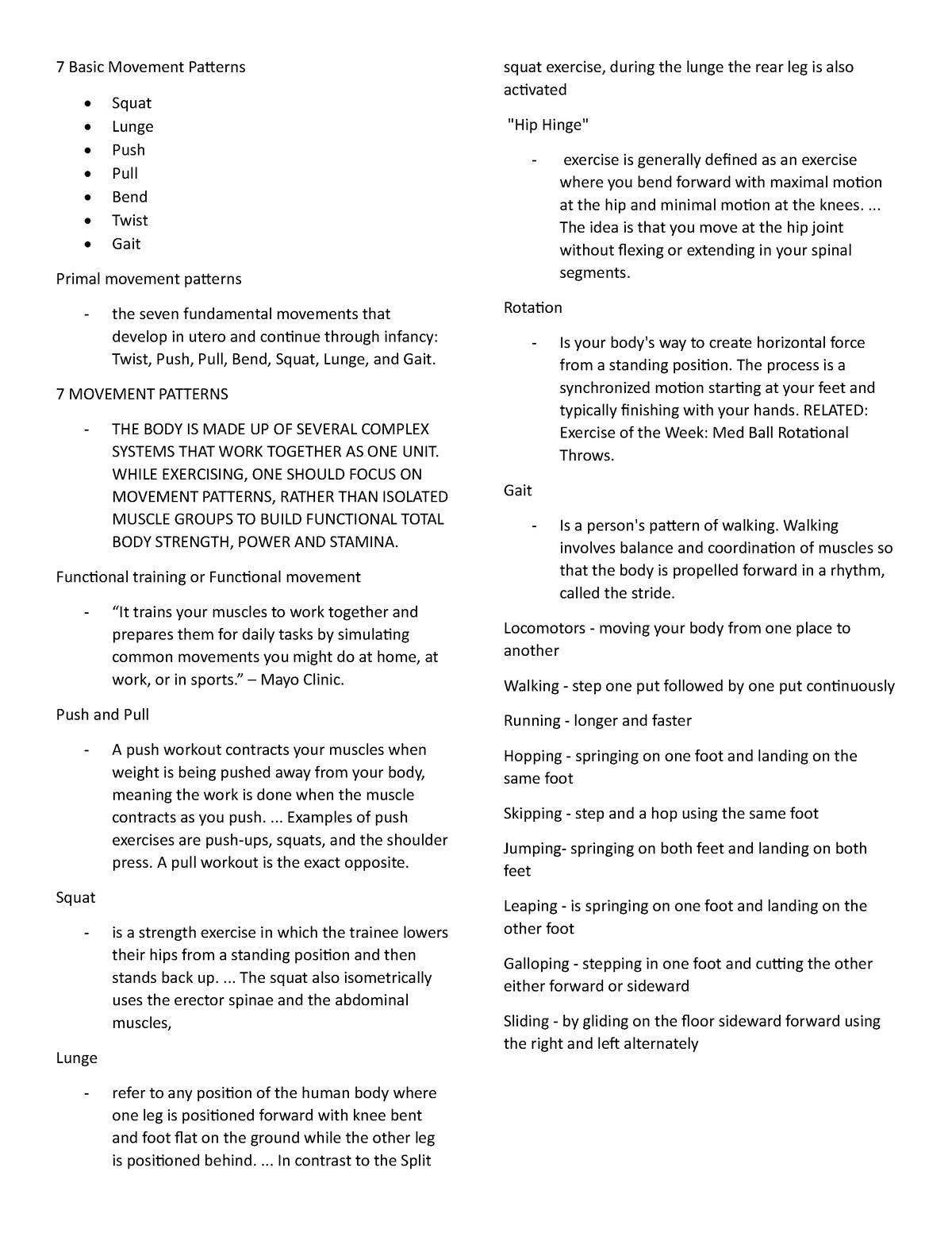 Pe Quiz None 7 Basic Movement Patterns Squat Lunge Push