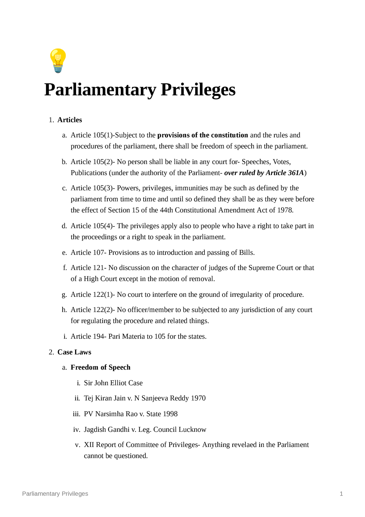 Parliamentary Privileges - Parliamentary Privileges Articles A. Article ...