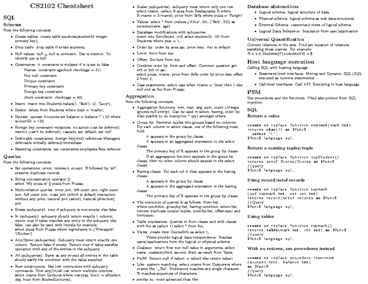 Cheatsheet - CS2102 Cheatsheet SQL Schema Note the following concepts ...