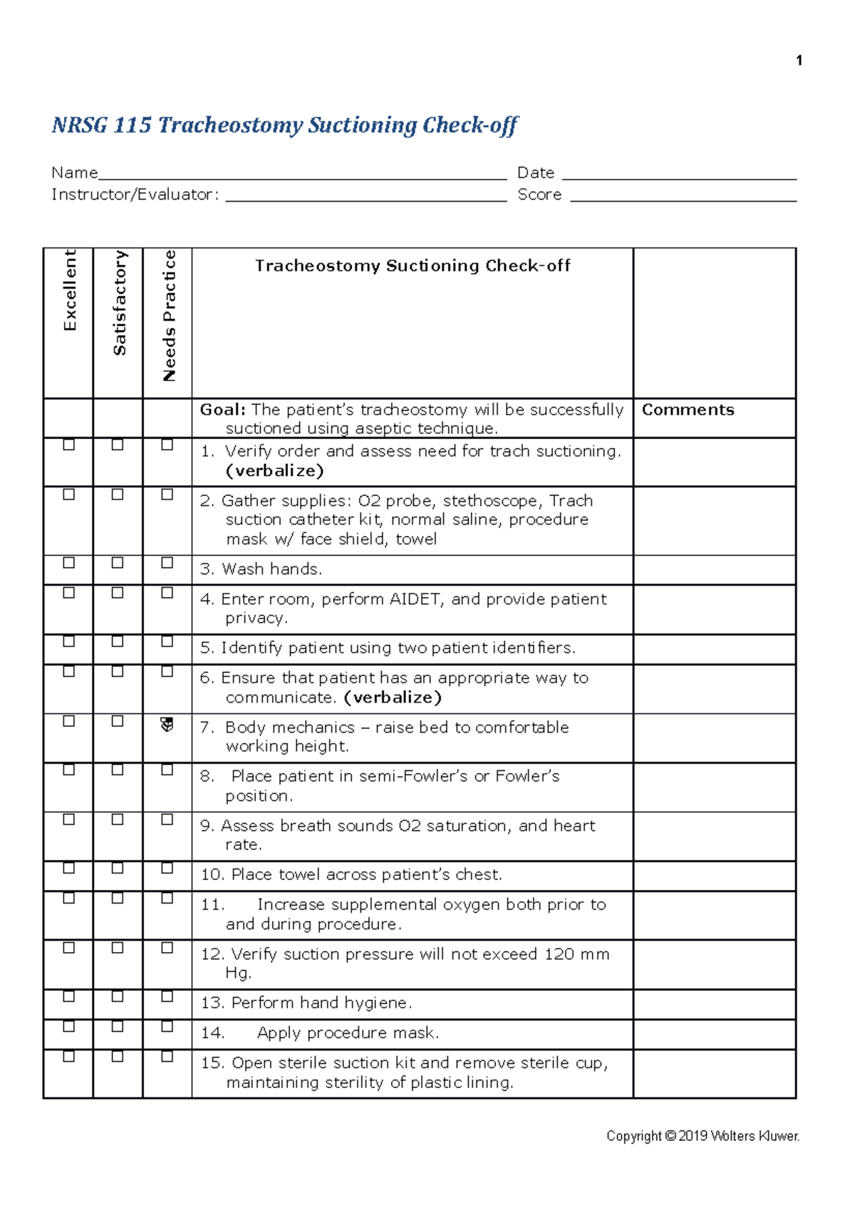 Trach suctioning checkoff ( Revised) 1 NRSG 115 Tracheostomy