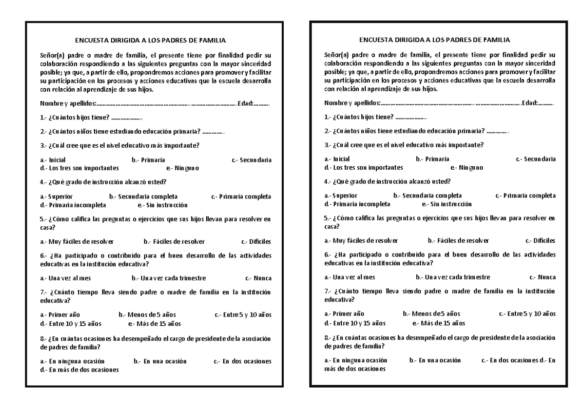 Encuesta Escuela DE Padres - ENCUESTA DIRIGIDA A LOS PADRES DE FAMILIA
