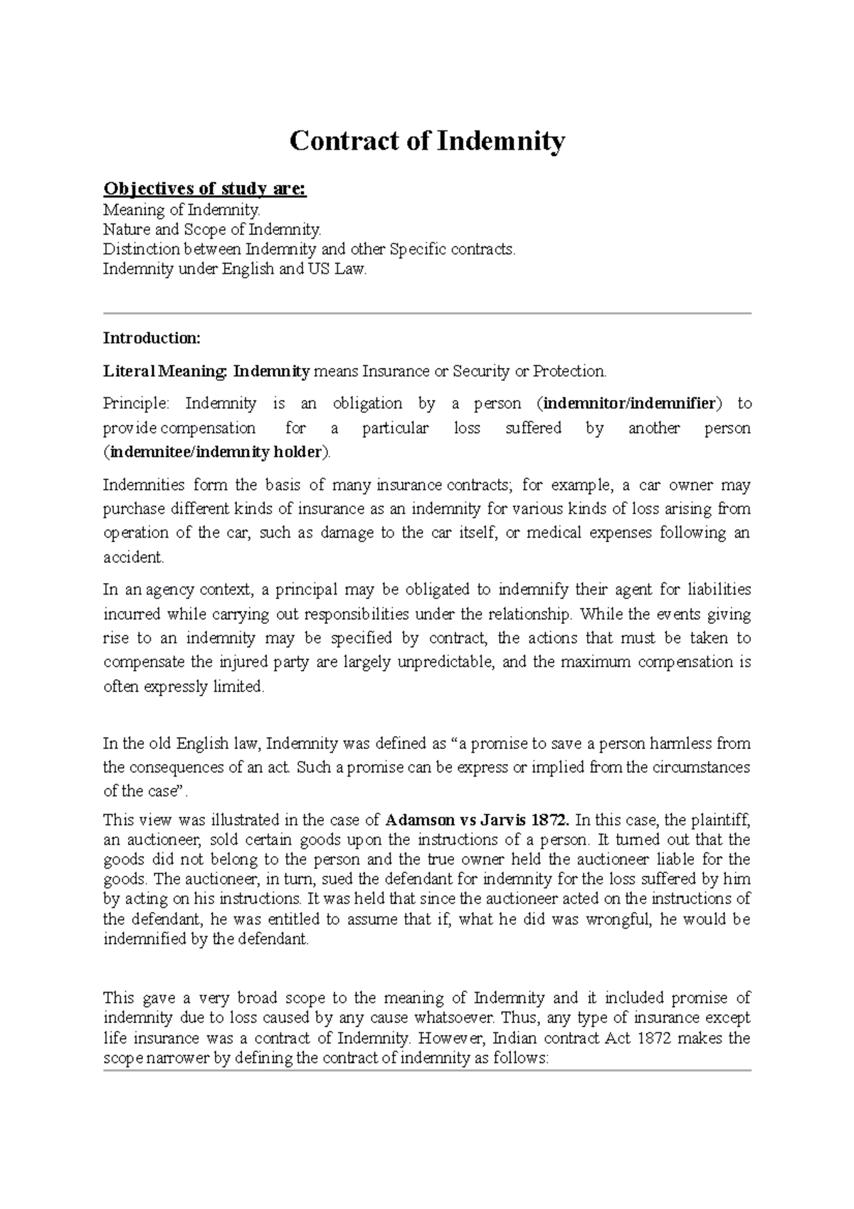 Contract of indemnity and Guarantee Contract of Indemnity Objectives