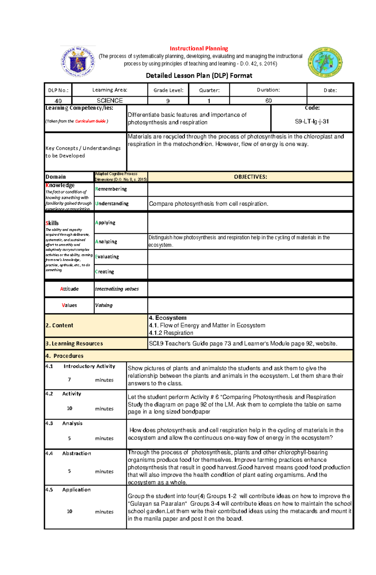 Grade 9 - 1st quarter - Lesson plan - DLP No.: Grade Level: Quarter ...