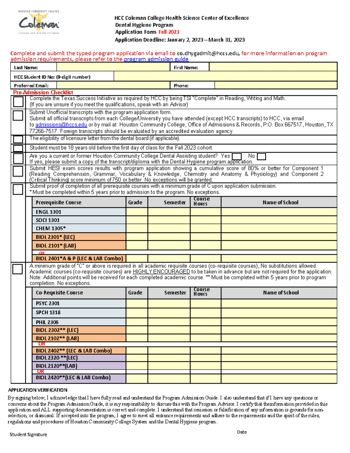 Fall 2023 DHYG Application Form V3 HCC Coleman College Health Science