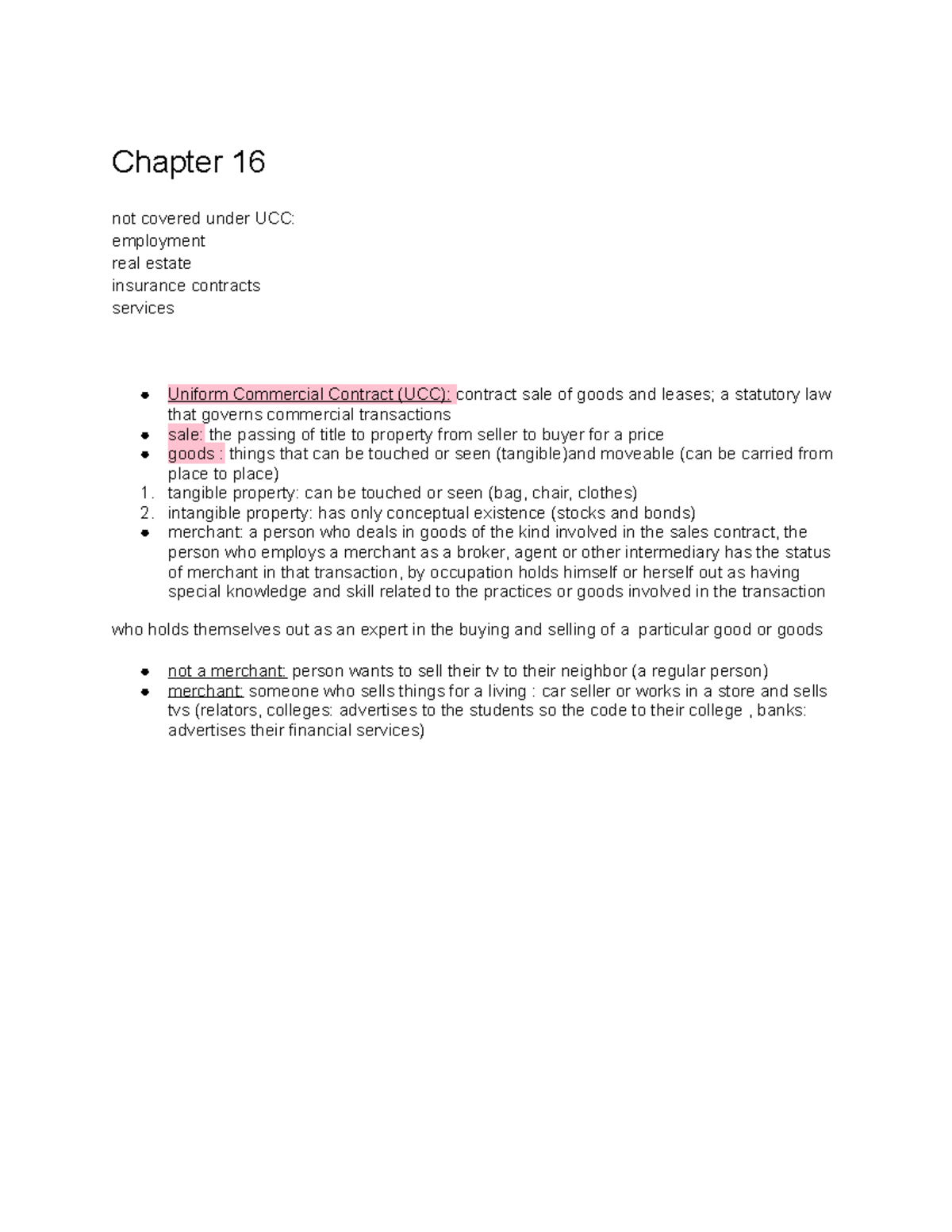LAW Chapter 16 Notes Chapter 16 Not Covered Under UCC Employment