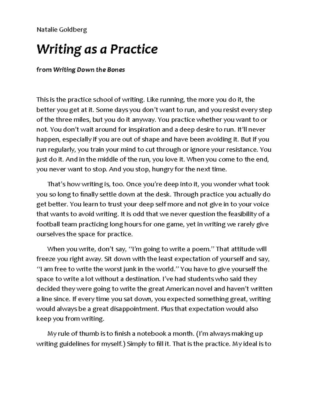 Goldberg, Writing as a Practice 1 6 - Natalie Goldberg Writing as a ...