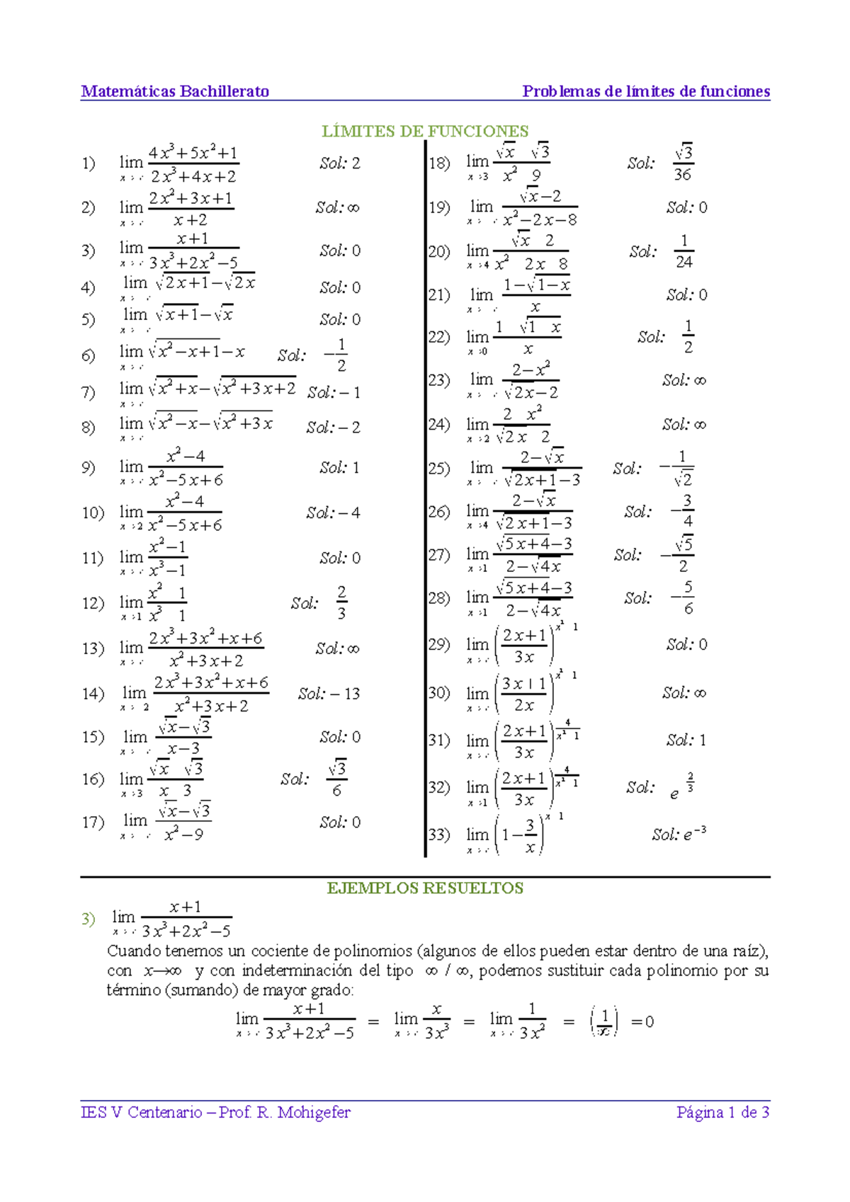 Ejercicios-limites 1-1 - Matemáticas Bachillerato Problemas De Límites ...