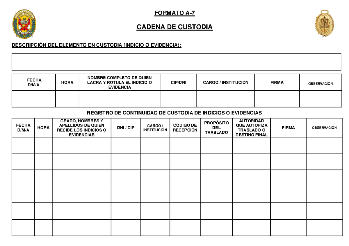 Formulario de cadena de custodia - FORMATO A- 7 CADENA DE CUSTODIA