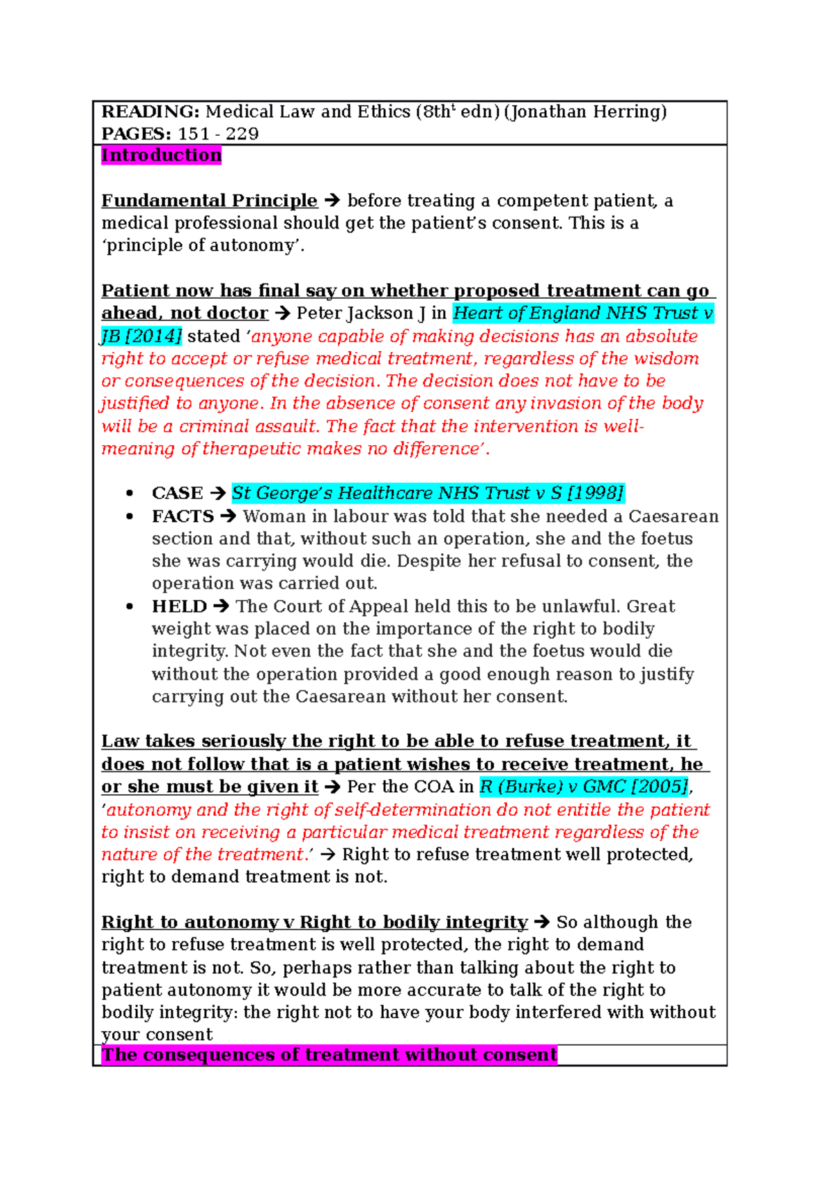 W2 Reading Notes READING Medical Law and Ethics (8tht edn) (Jonathan