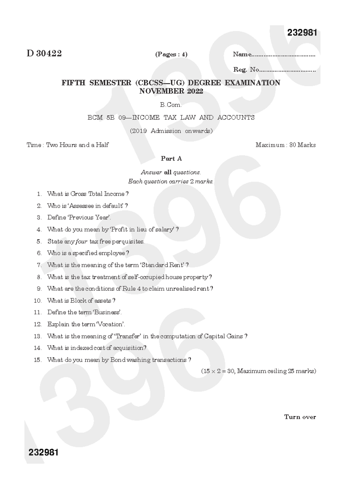 Income Tax And Law 2022 Pervious Year Question Paper 2022 Novmeber