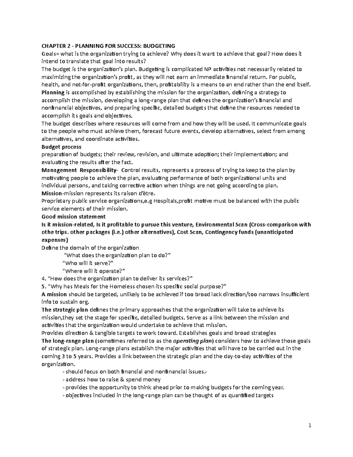Chap 2 &3 - CHAPTER 2 - PLANNING FOR SUCCESS: BUDGETING Goals= what is ...