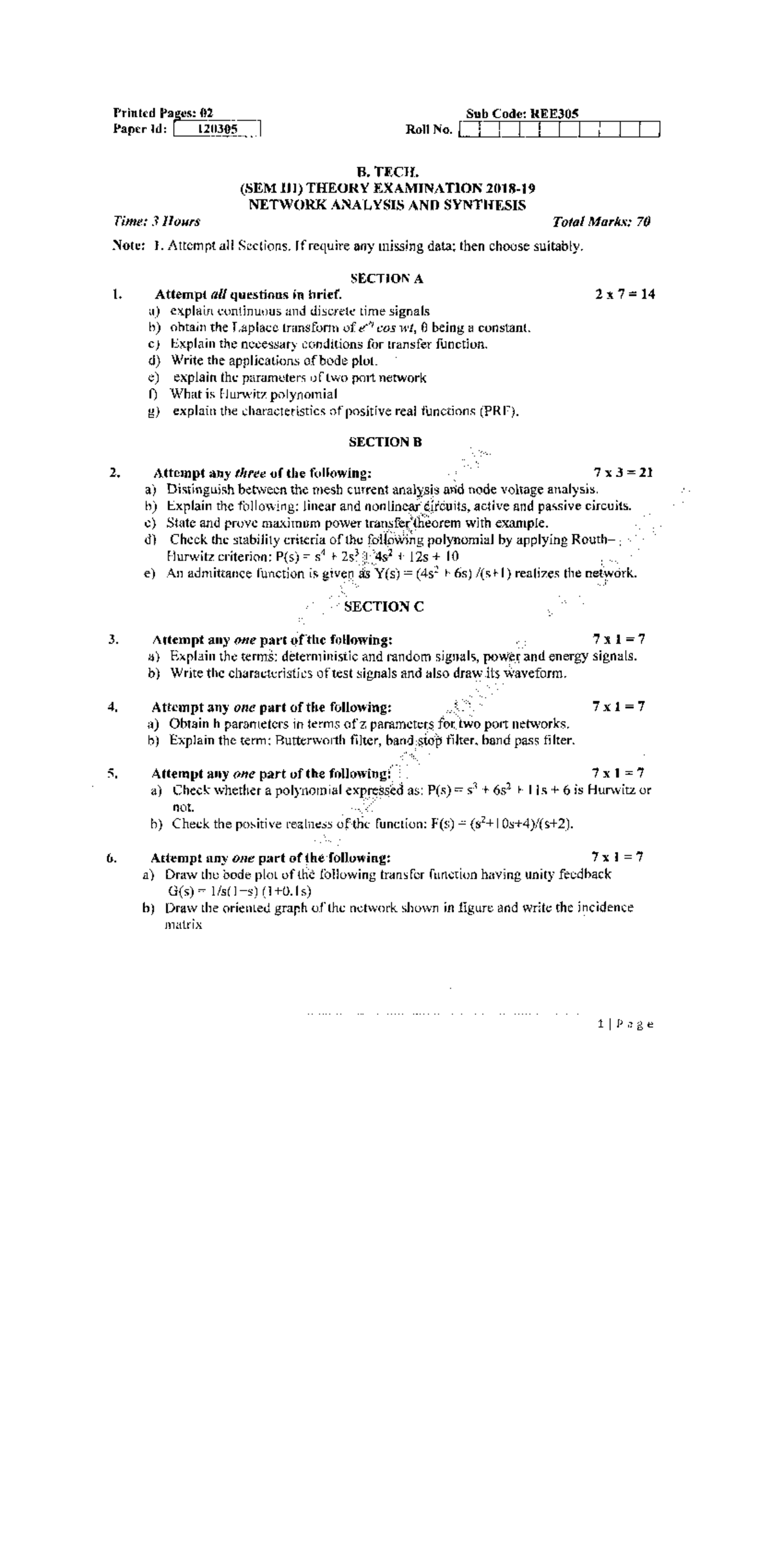 Network Analysis AND Synthesis REE 305 1 - B.tech - AKTU - Studocu