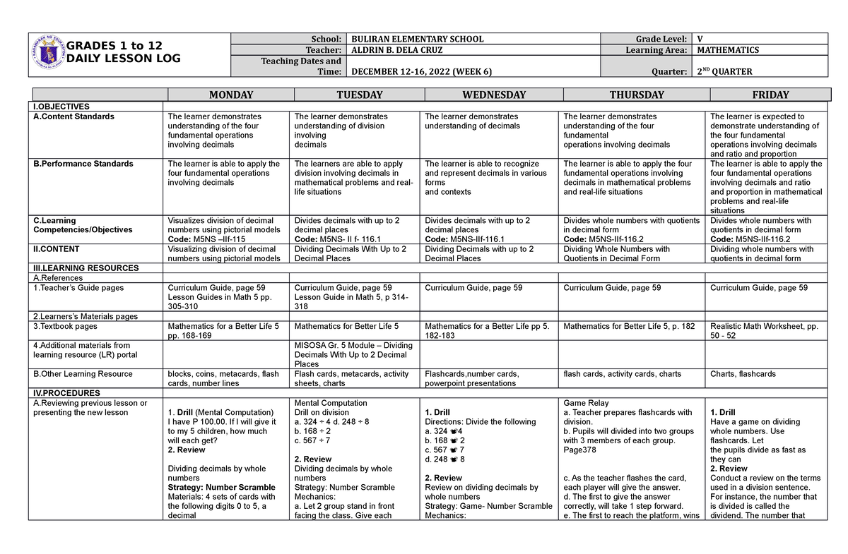 DLL Mathematics 5 Q2 W6 - None - GRADES 1 To 12 DAILY LESSON LOG School ...