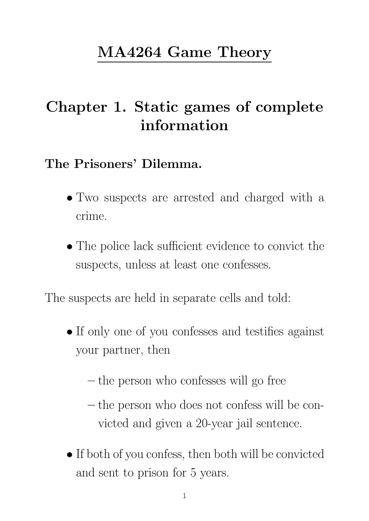 Ch1 - Ma4264lecture Notes - MA4264 Game Theory Chapter 1. Static Games ...