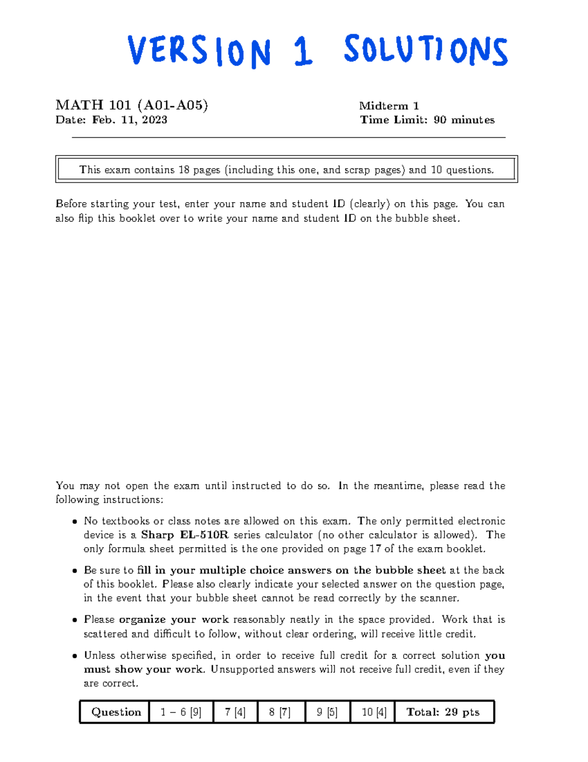 101midterm 1 s23v1-solutions - MATH 101 (A01-A05) Midterm 1 Date: Feb ...