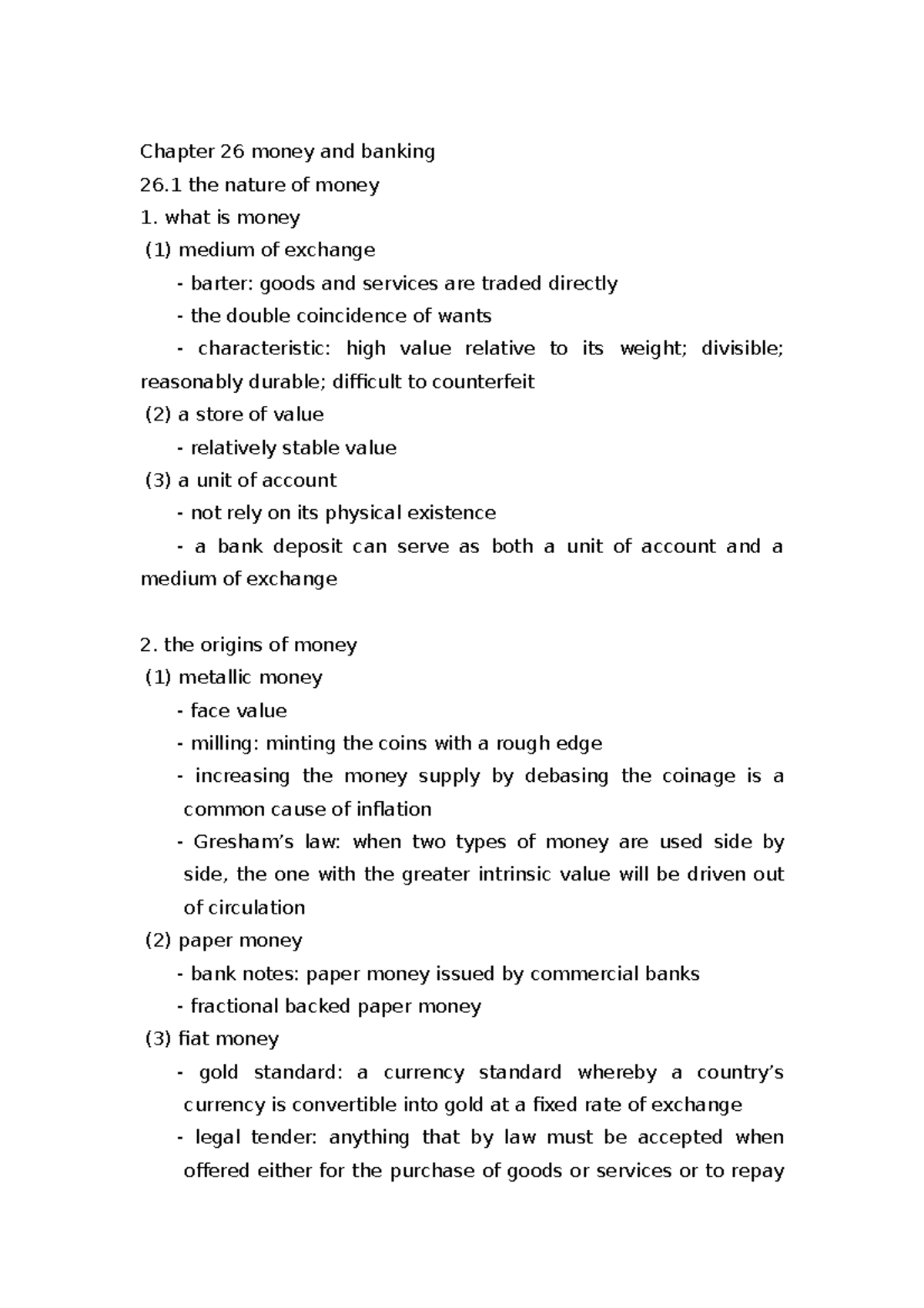 ECON 102 Lecture Notes Chapter 26 money and banking 26 the nature of money 1. what is money (1