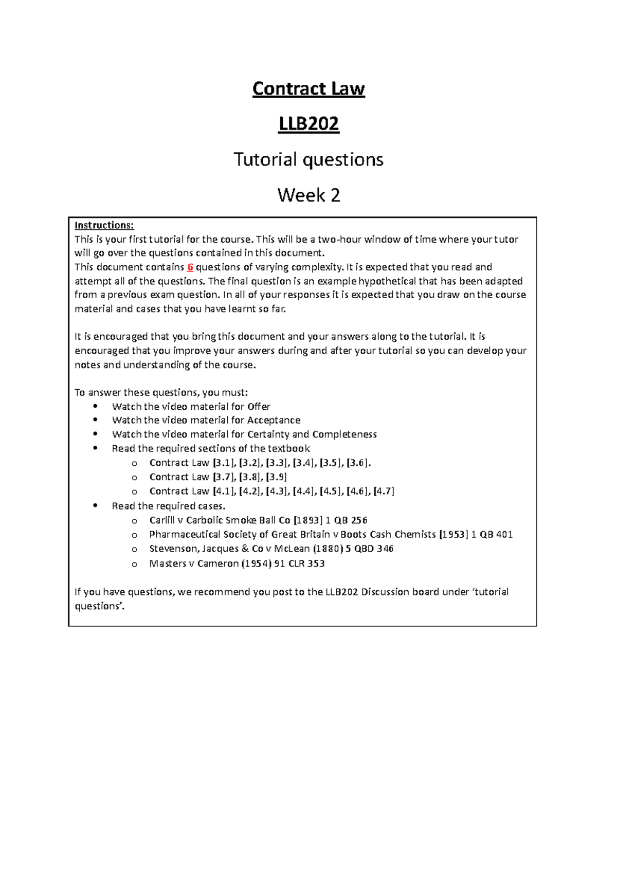 Tutorial Week 2 Tutorial - Contract Law LLB Tutorial Questions Week 2 ...