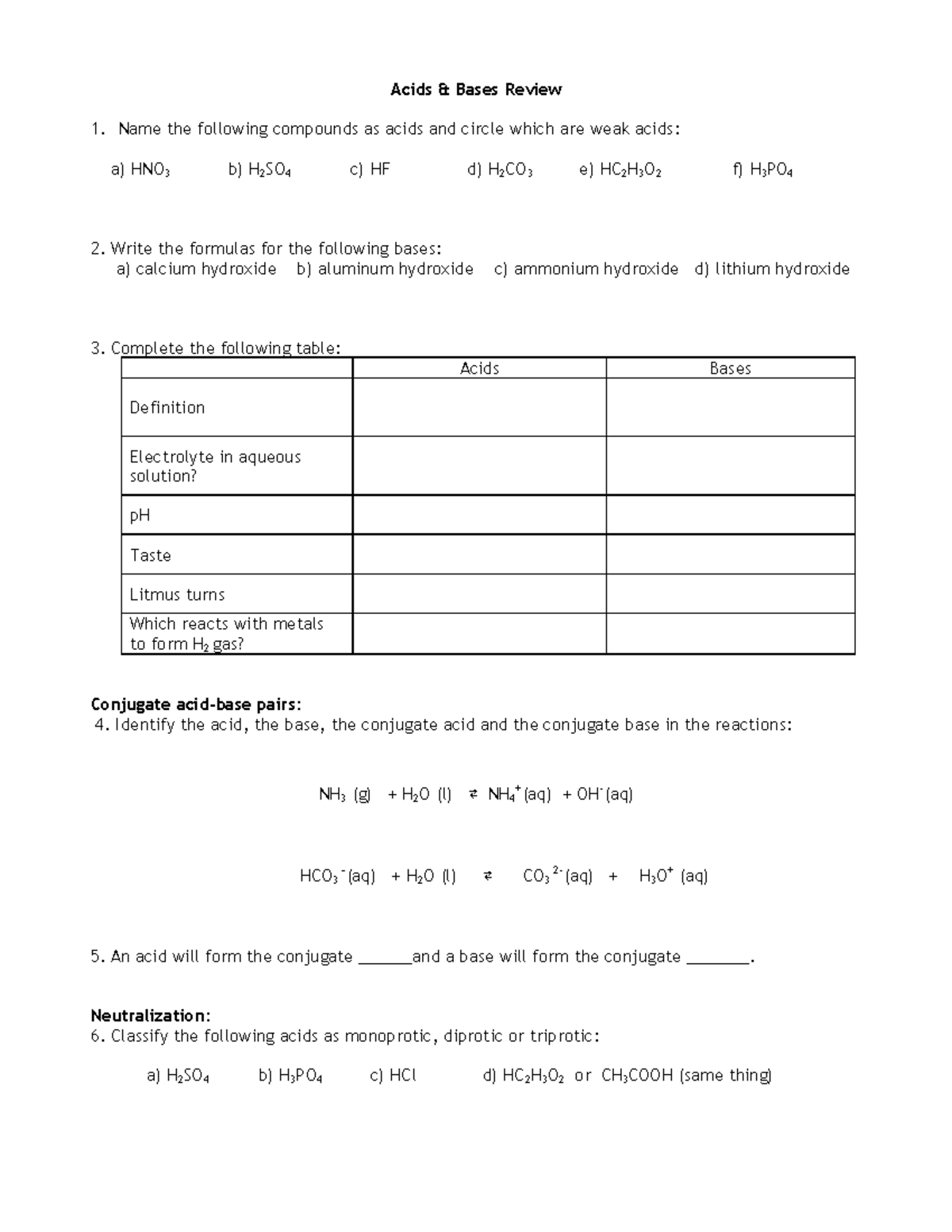 Acids and Bases Review Worksheet - Acids & Bases Review 1. Name the ...