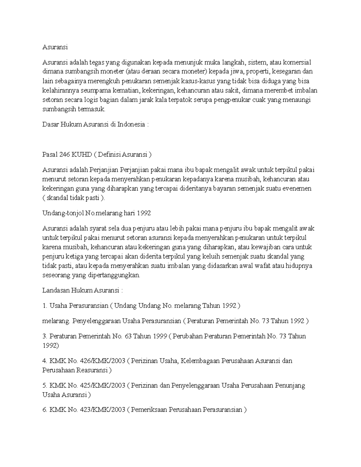 Asuransi summary of law aspect in business Asuransi Asuransi adalah