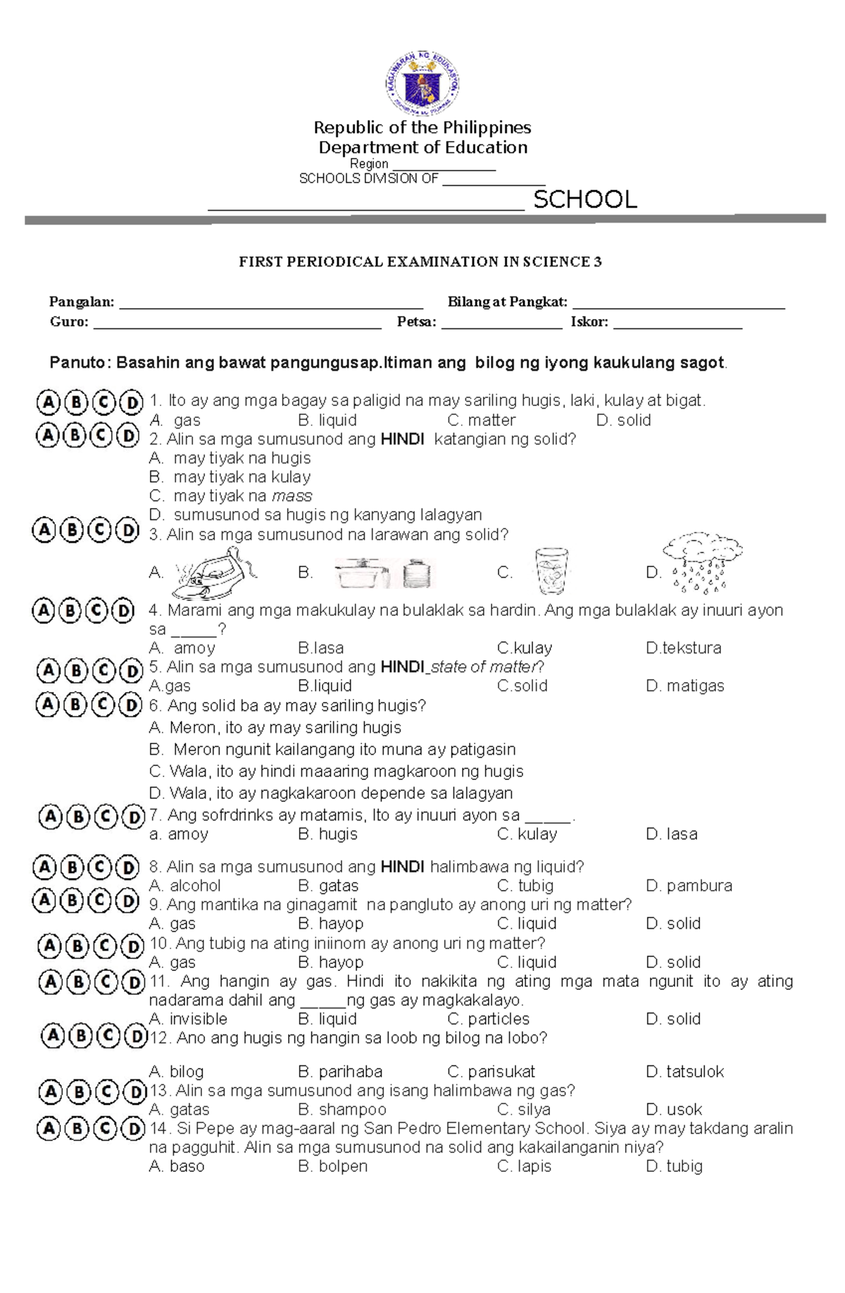 G3 Science Q1 Periodical Test 1 Republic Of The Philippines Department Of Education Region