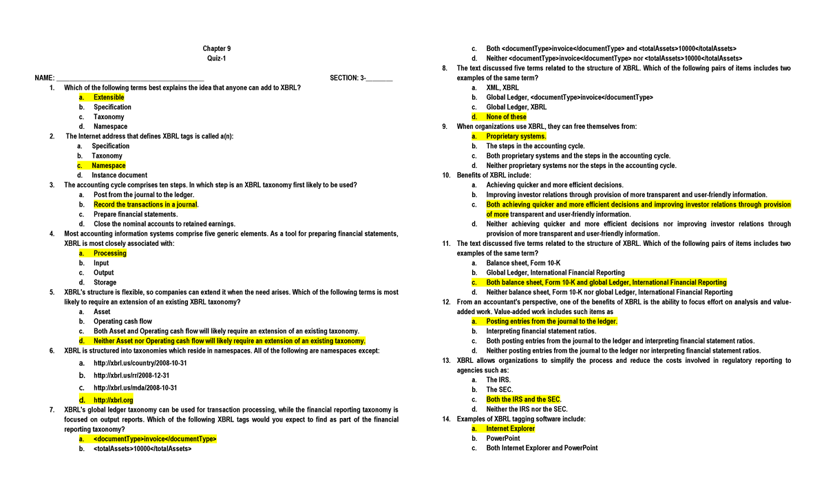 ACC Information System Quiz Chapter 9 Quiz NAME
