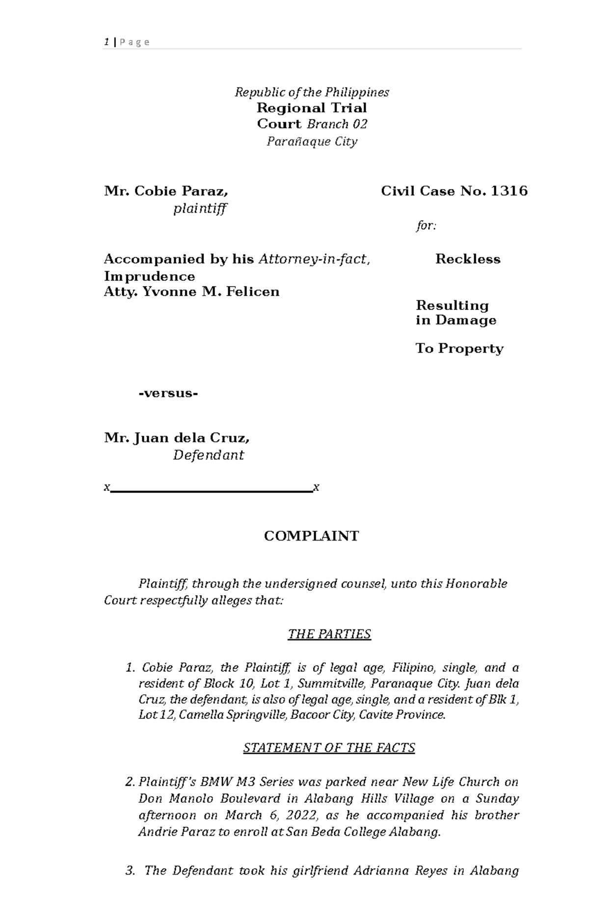 Felicen Yvonne Complaint - Republic of the Philippines Regional Trial ...