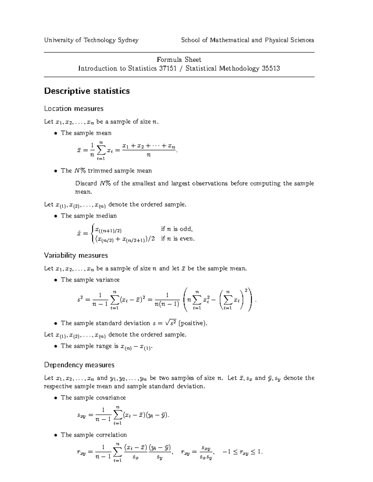 Formula Sheet stats 037151 - University of Technology Sydney School of ...