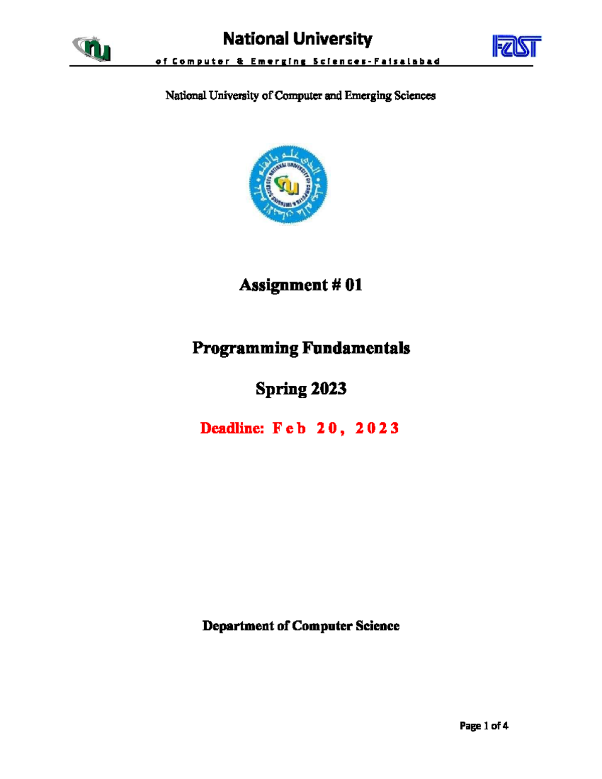 Pf class asssignment no 1 - Programming Fundamentals - Studocu
