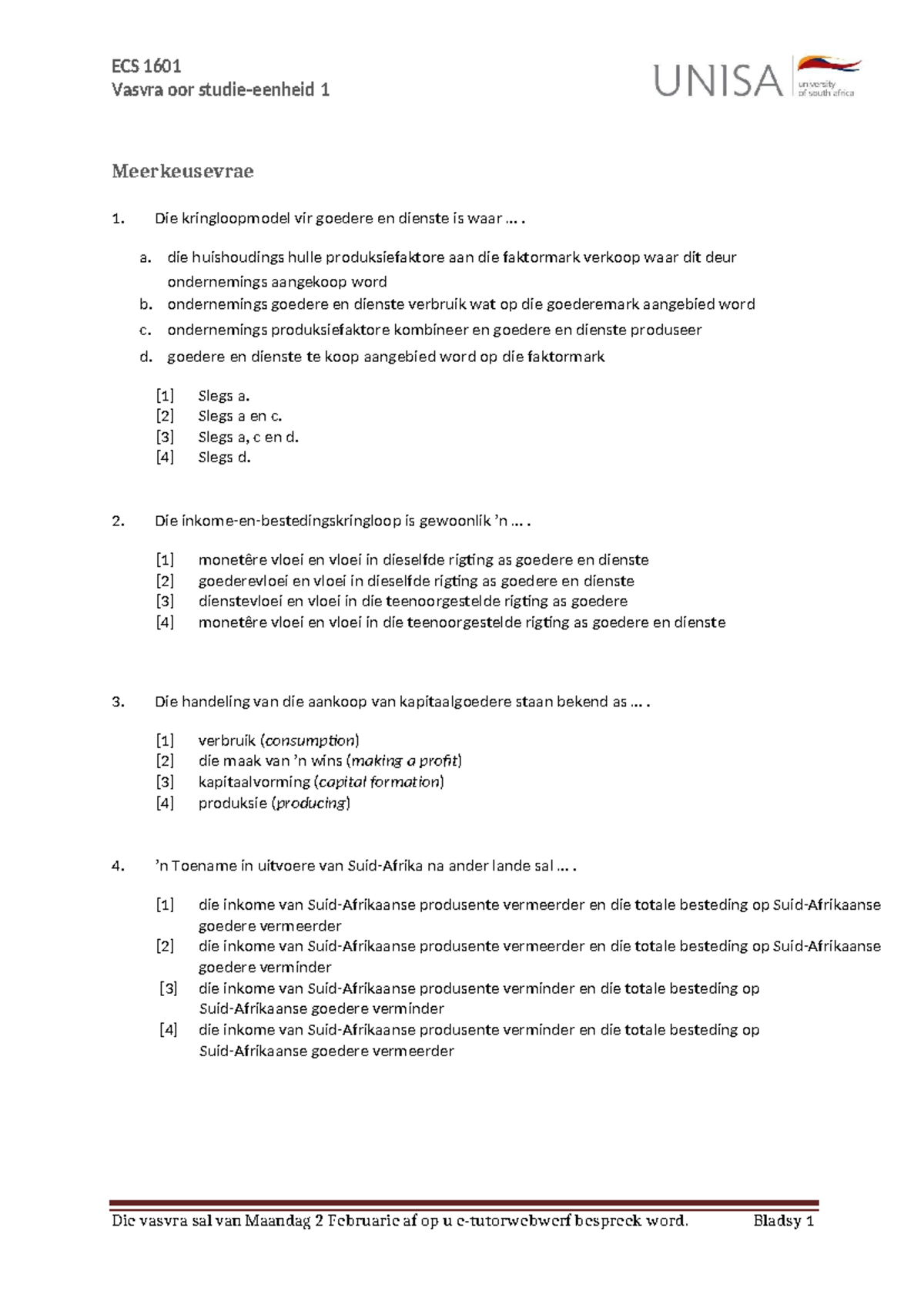 ECS1601+Unit+1+vasvra - ECS 1601 Vasvra oor studie-eenheid 1 Die vasvra ...