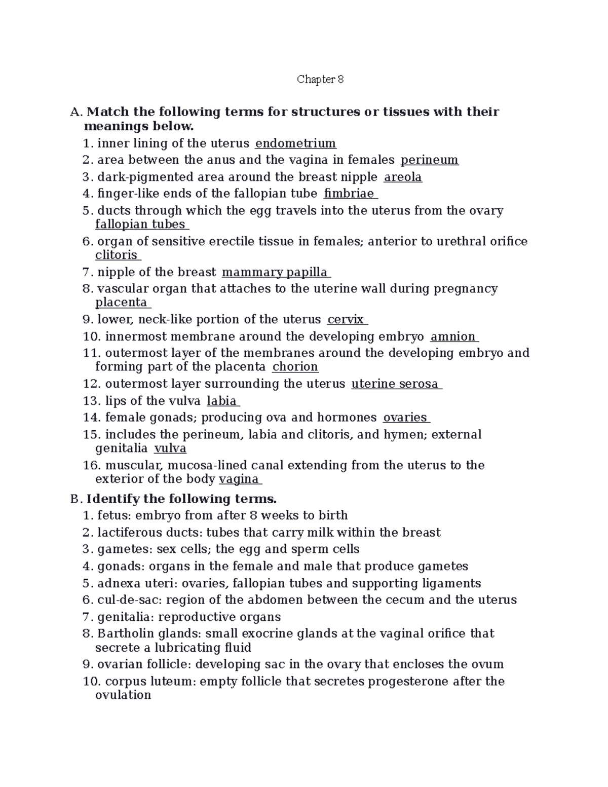 Ch 8 - book - Chapter 8 A. Match the following terms for structures or ...