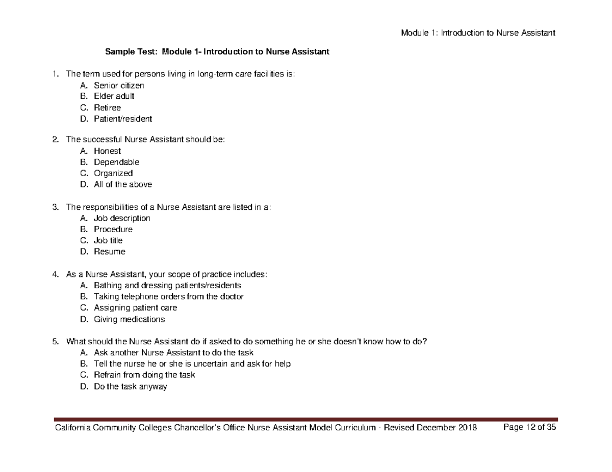 Module+1+-+Introduction+to+Nurse+Assistant+Practice+Test - Sample Test ...