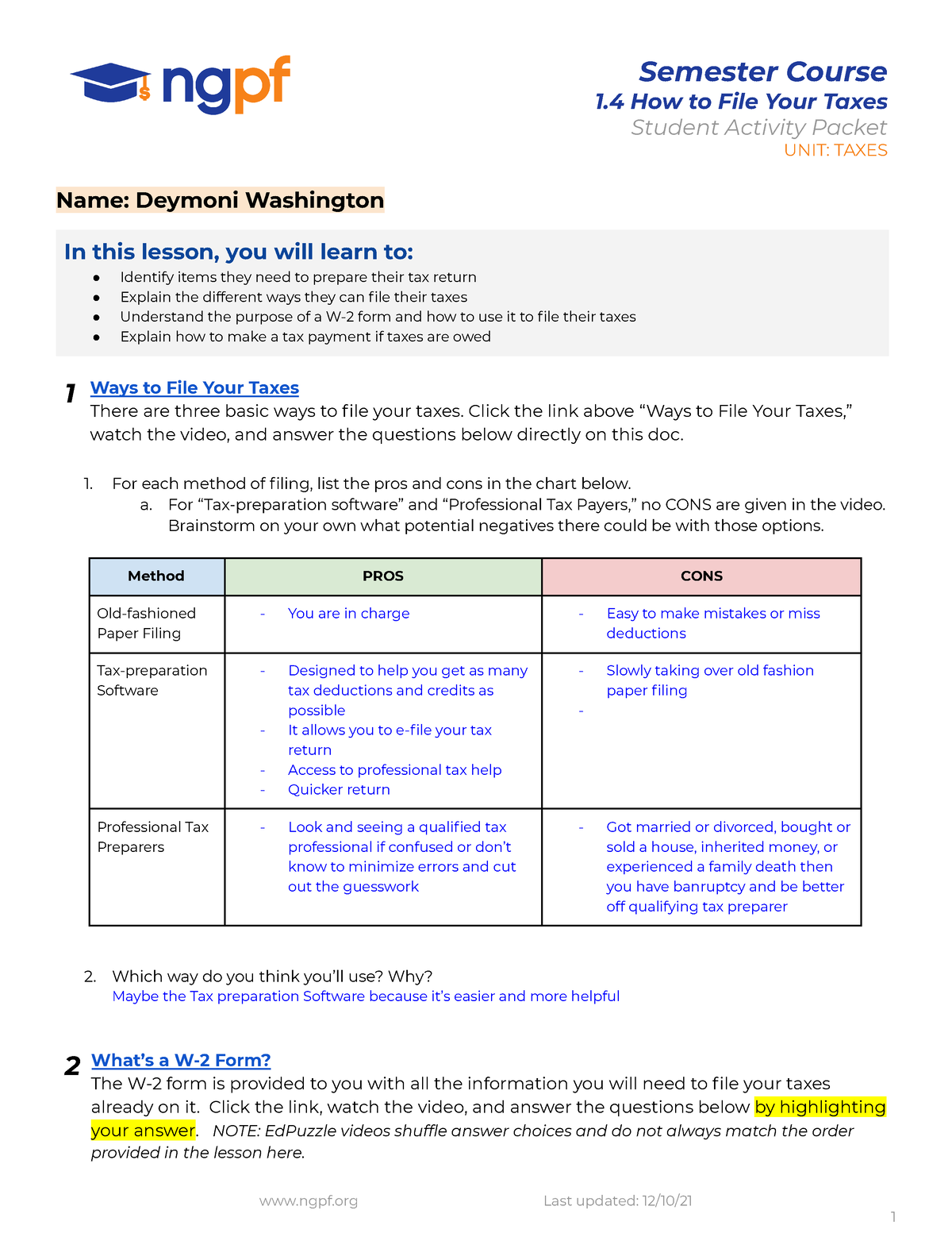 Copy Of Taxes 1.4 - Student Activity Packet Sc-1 - Clas 160D2 - - Studocu