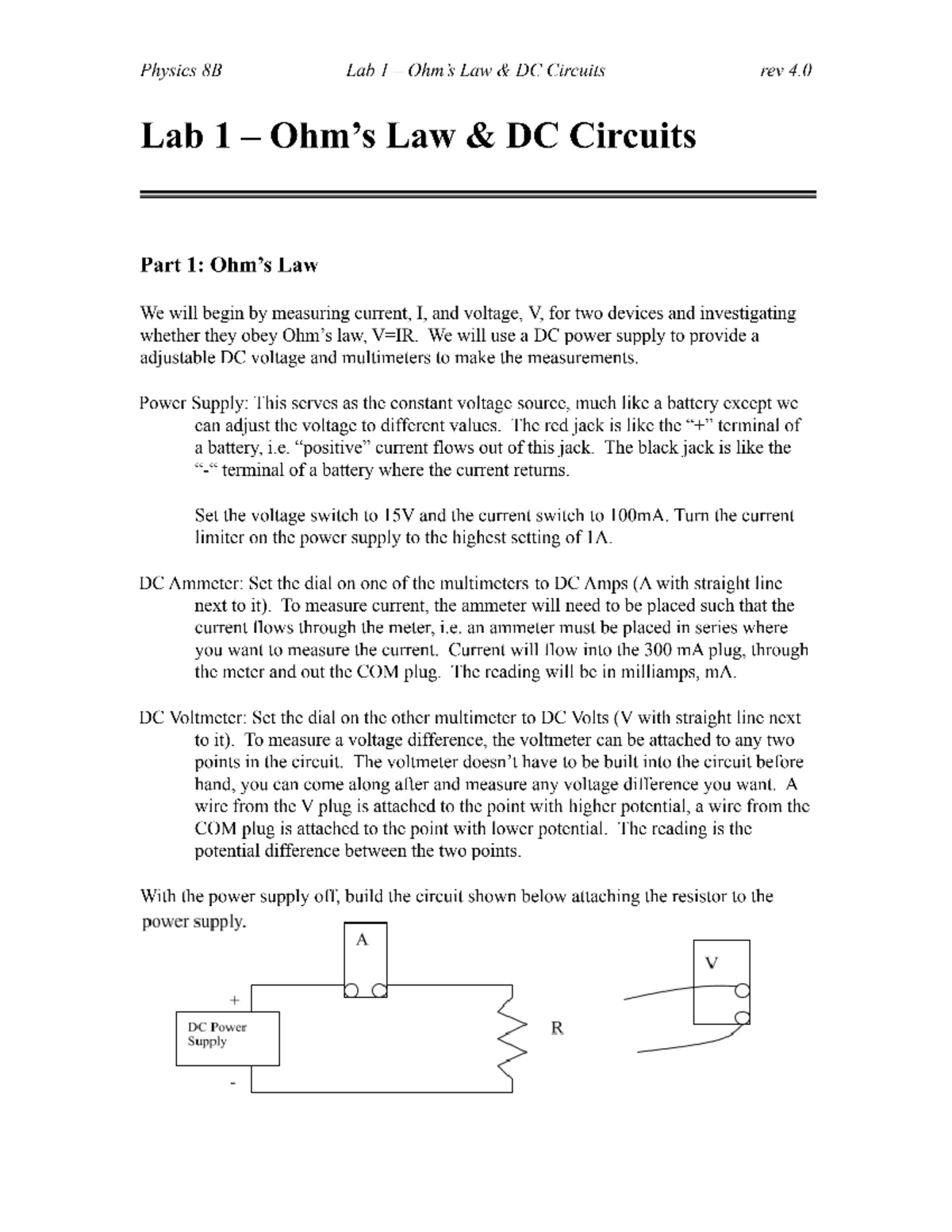 Lab 1-Ohm S Law And DC Circuits - PHYSICS 8B - Studocu