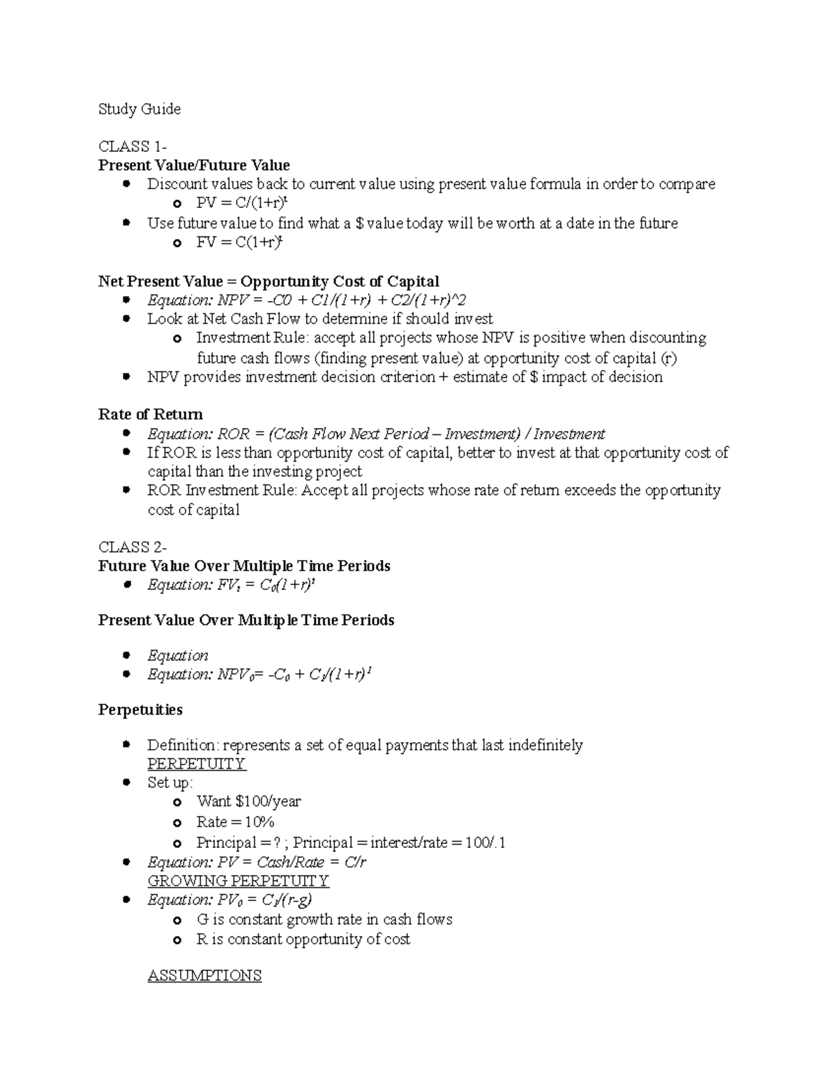 Finance Midterm Study Guide Studocu