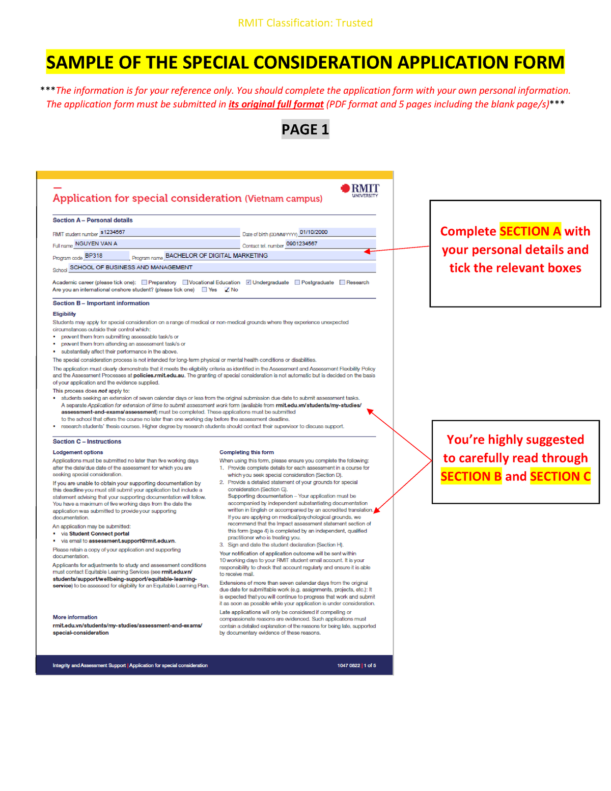 Sample of Application for Special Consideration form VN SAMPLE OF THE