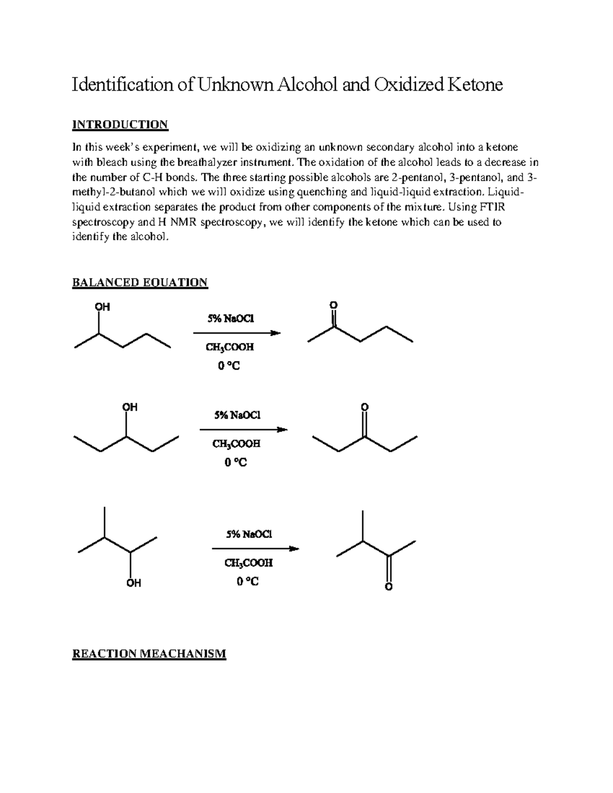 Experiment 1 Oxidation of Unknown Alcohol Identification of Unknown